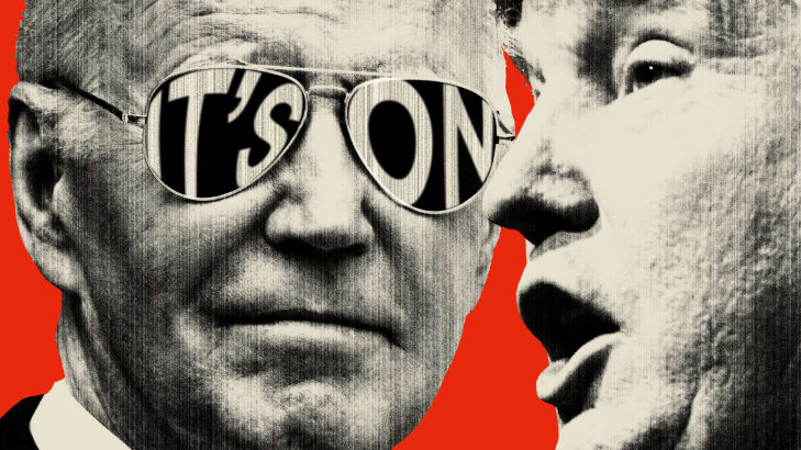 Photo illustration of Donald Trump and Joe Biden wearing aviator sunglasses with the words "it's on" on the lenses