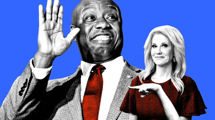 A gif of Kellyanne Conway pointing towards Tim Scott.