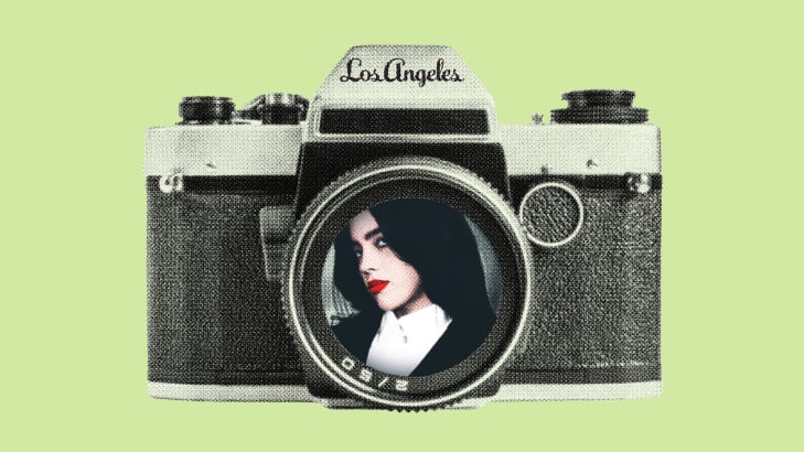 Photo illustration of Billie Eilish in the lens of an old camera