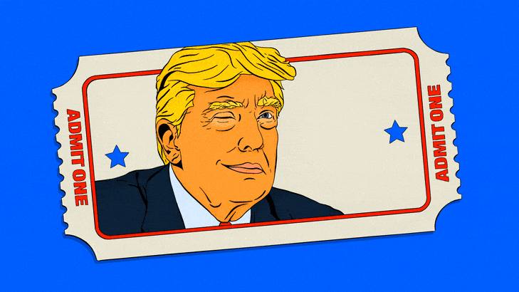 Illustrative gif of a ticket with Donald Trump winking on it