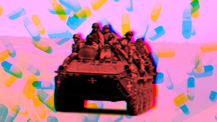 A photo illustration of Ukrainian soldiers on an armored vehicle and drug pills.