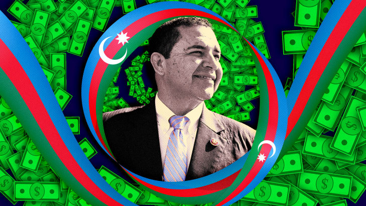 A photo illustration of Rep. Henry Cuellar, money, and the flag of Azerbaijan.