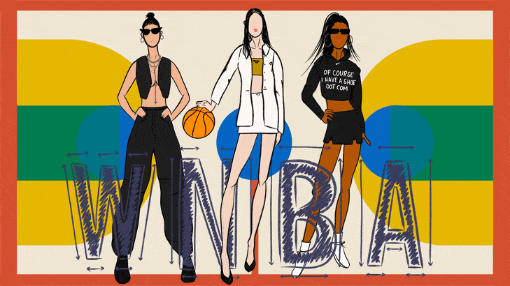 Illustrative gif of three fashion drawings of Kelsey Plum, Caitlin Clark, and A'Ja Wilson on a minimalist basketball court
