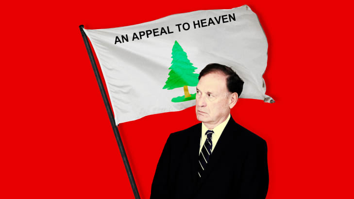 Justice Samuel Alito and a “An Appeal to Heaven” flag.