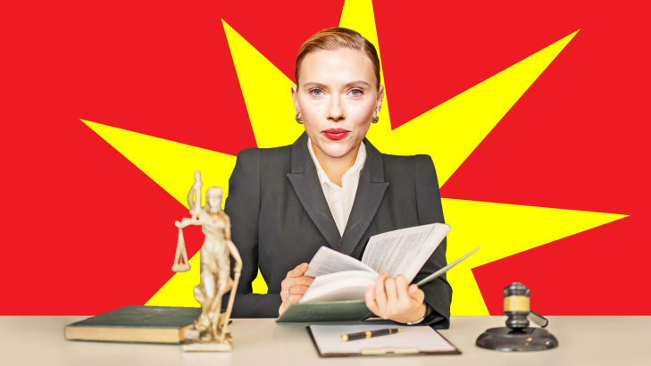 A photo illustration of Scarlett Johansson as a lawyer