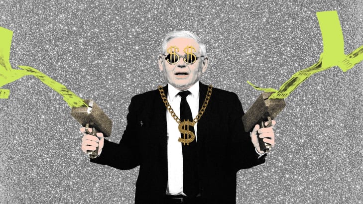 Photo illustration of Bob Menendez holding money guns with a $ necklace and $ glasses on a glitter background