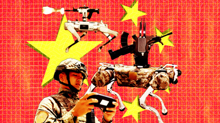 A photo illustration of Chinese military robotic dogs.