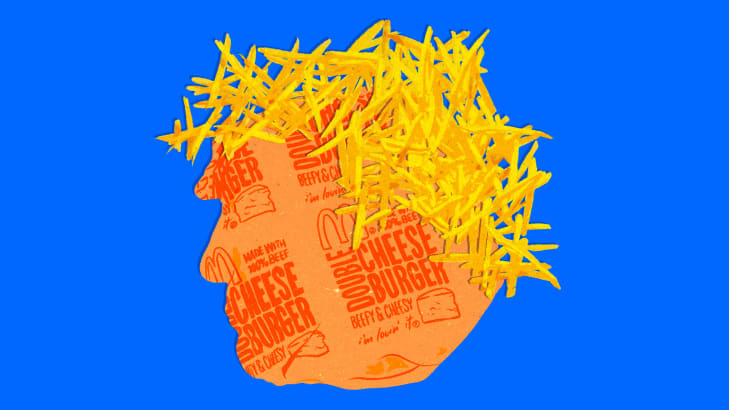 Illustration of Donald Trump with a face made out of a McDonalds burger wrapper and hair made out of french fries