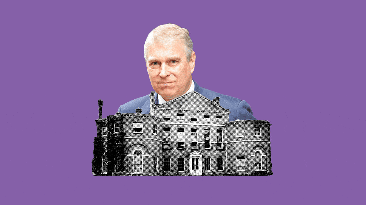 A photo illustration of Prince Andrew peeking out from behind Royal Lodge