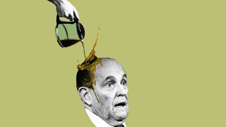 Photo illustration of Rudy Giuliani with coffee being poured on his head