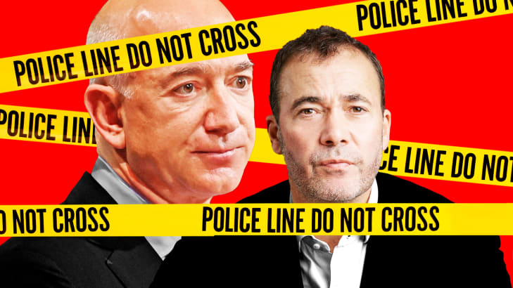 A photo illustration of Jeff Bezos and Will Lewis covered in police tape