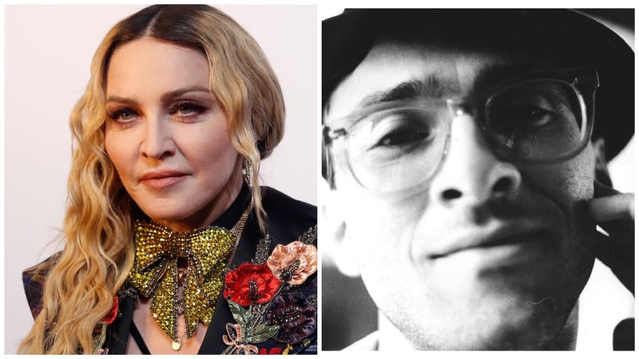 A side-by-side of Madonna on a red carpet and a black and white photo of Anthony Ciccone