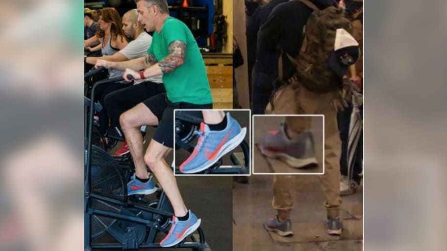 An FBI photo shows a screenshot of a Facebook photo with him in gym shoes side-by-side with a photo of him in the same shoes on Jan. 6 at the Capitol