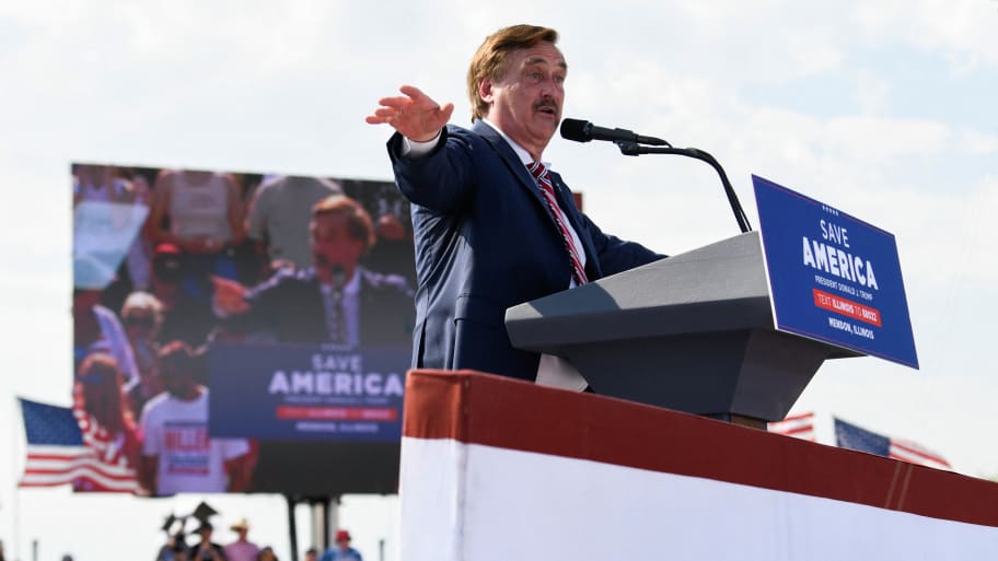 My Pillow CEO Mike Lindell speaks at the Save America Rally in Mendon, Illinois, U.S. June 25, 2022. 