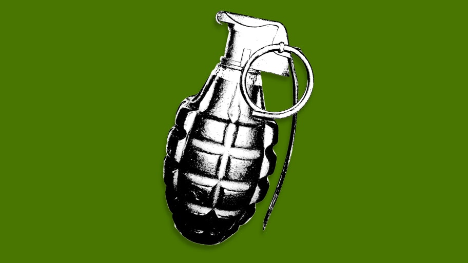Photo illustration of a grenade on a green background.