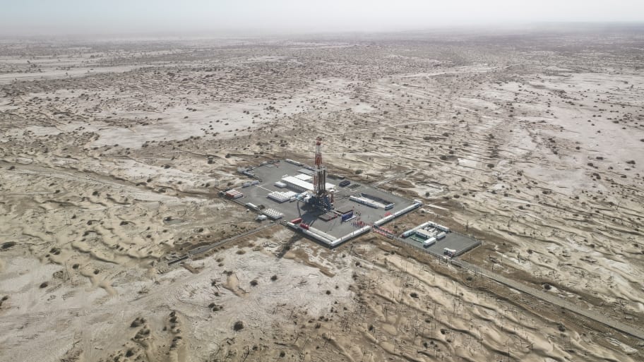 This aerial photo taken on May 30, 2023 shows the drilling project of a borehole over 10,000 meters deep for scientific exploration in northwest China's Xinjiang Uygur Autonomous Region.