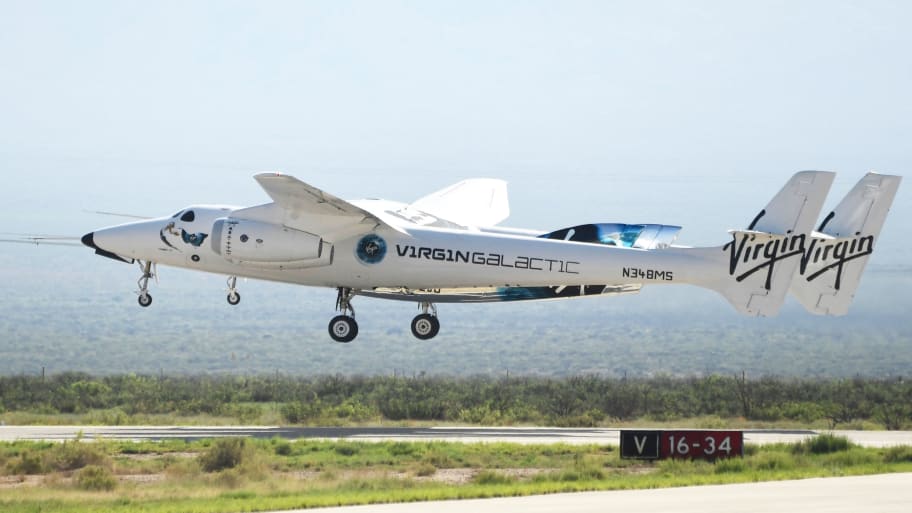 An illustration that includes images of Billionaire Richard Branson taking off on The Virgin Galactic SpaceShipTwo 