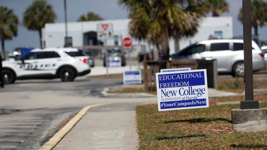 View of a sign as students from New College of Florida stage a walkout from the public liberal arts college.