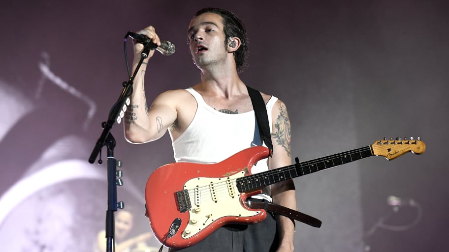 Matty Healy performing during The 1975 set at the 2023 Lollapalooza Festival. 