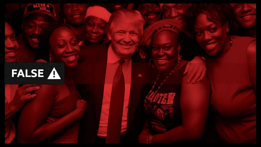 A fake AI-generated image of Donald Trump with his arms around a crowd of Black people.
