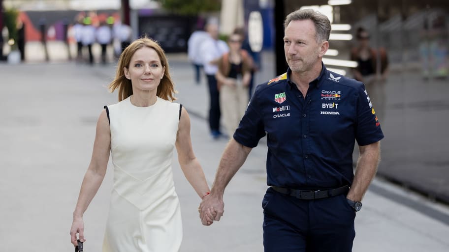 Christian Horner holds hands with Geri Halliwell during the F1 Grand Prix of Bahrain.