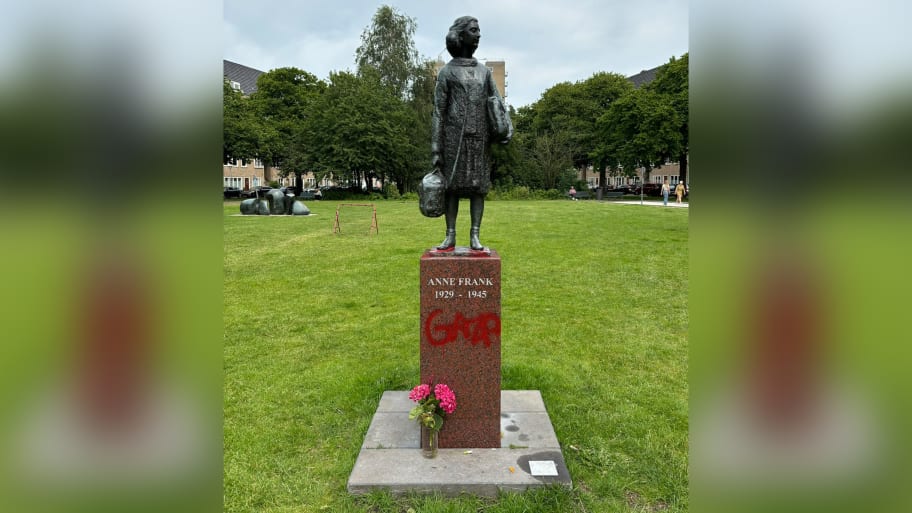 A statue of Anne Frank defaced by pro-Palestine vandals. 