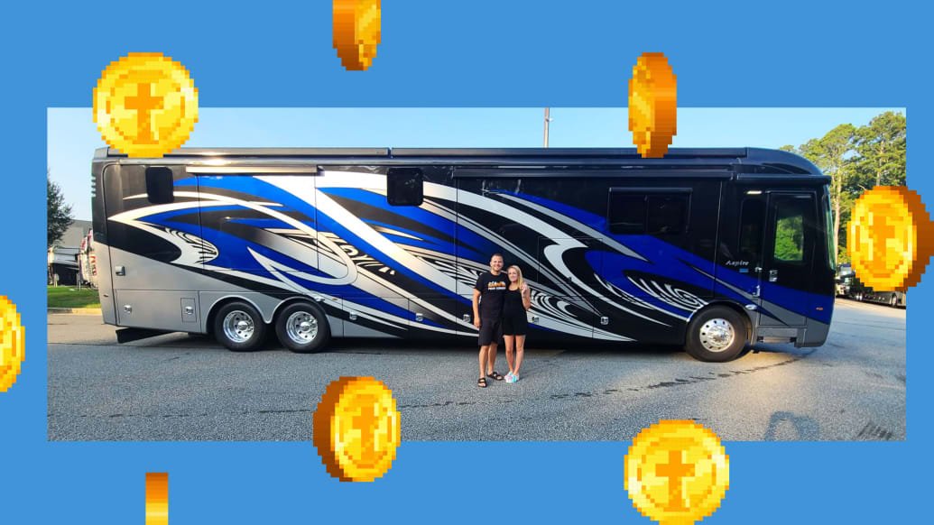 A photo illustration shows Eli and Kaitlyn Regalado in front of their RV