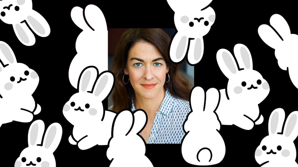 A photo illustration of Molly Roden Winter surrounded by rabbits