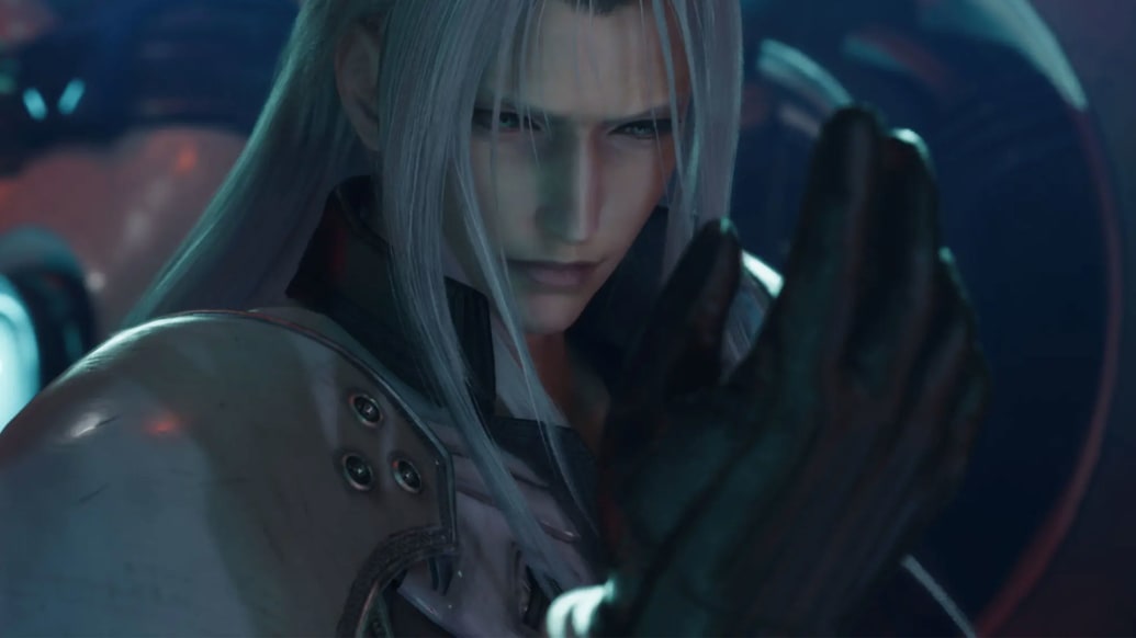 A close up shot of Sephiroth from Final Fantasy 7 Rebirth