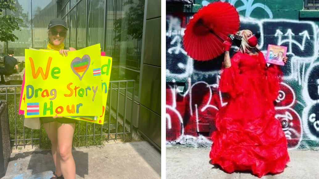 A woman holds up a sign saying "We love Drag Queen's Storytime!" and Flame, a drag queen, looks great. 