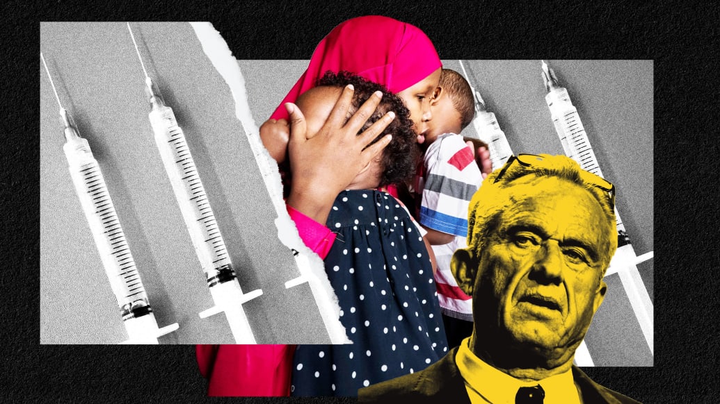 A photo illustration featuring Robert F. Kennedy Jr. and a Somali-American mother holding her children who got measles after not being vaccinated