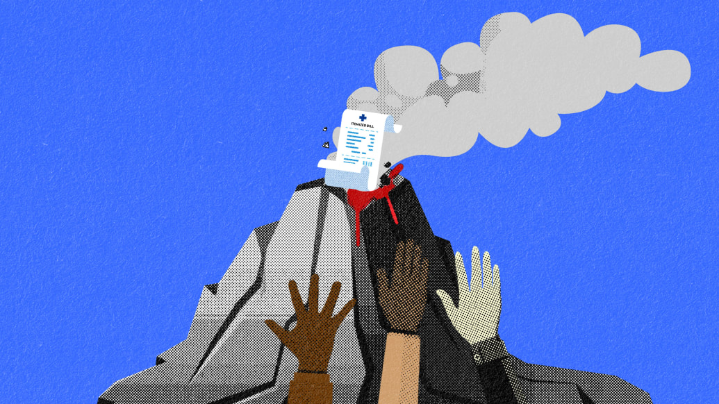 An illustration of an itemized receipt on top of a volcano with a bunch of hands reaching for it