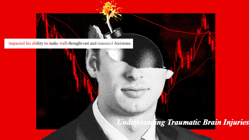 A photo illustration of William Tyler Allen with a bomb behind his head and the words, ‘Understanding Traumatic Brain Injuries’