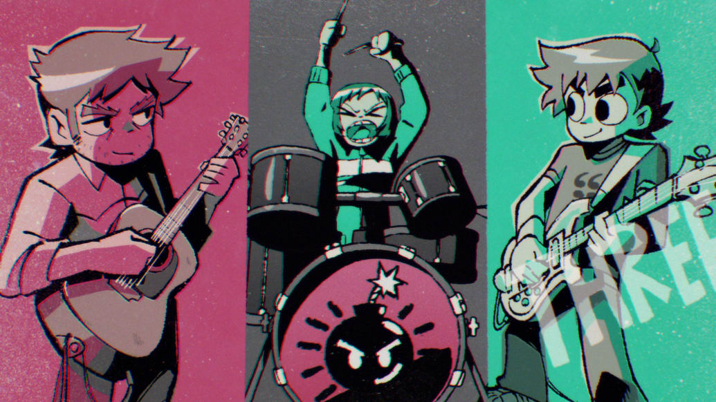 A still from Scott Pilgrim Takes Off shows a triptych of Stephen, Kim and Scott playing a bass, drums, and guitar.
