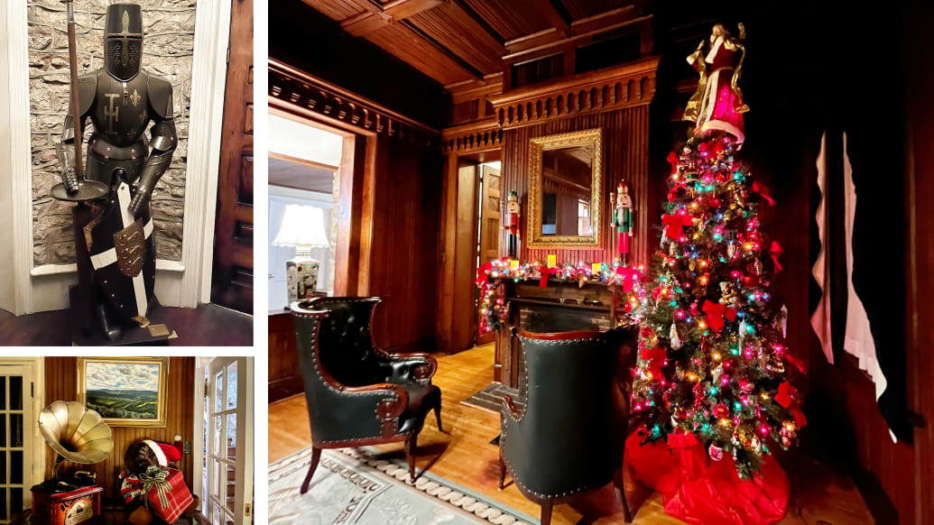 A collage of photos shows a suit of armor, a living room with a Chrismtas tree and a victrola inside the VDARE castle.
