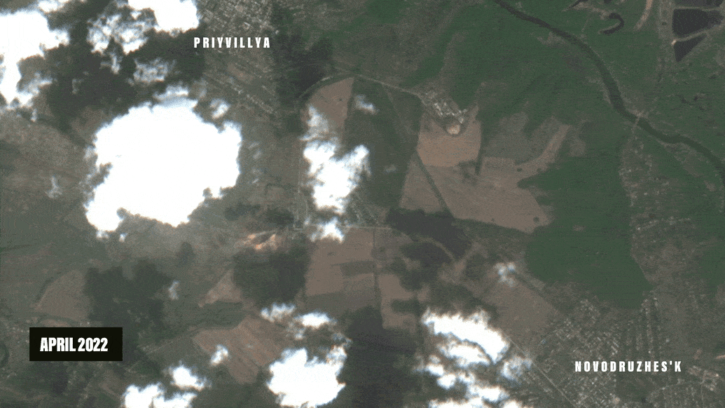 A time lapse of satellite photos of Priyvillya and Novodruzhes'k by Severdonetsk. Luis G. Rendon/The Daily Beast/Sentinel Hub EO Browser
