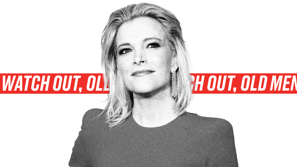 Photo illustrative gif of a black and white Megyn Kelly in front of a news ticker reading “WATCH OUT, OLD MEN”.