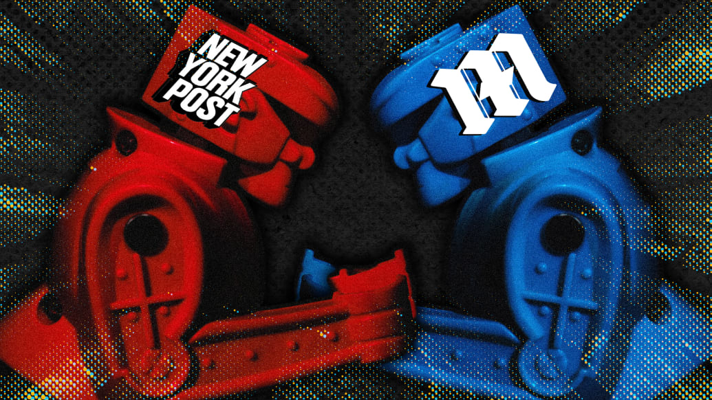 Daily Mail and New York Post logos illustrated over Rock 'Em Sock 'Em Robot toys.
