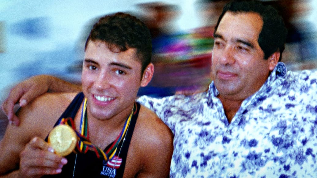 A photo including a Film Still of Oscar De La Hoya with his father Joel De La Hoya from the HBO Documentary The Golden Boy.