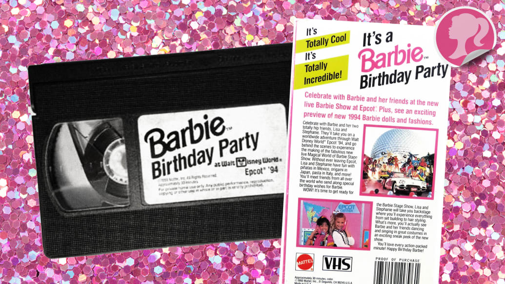 An illustration including photos of the VHS Tape Barbie's Birthday Party in Disney World. 