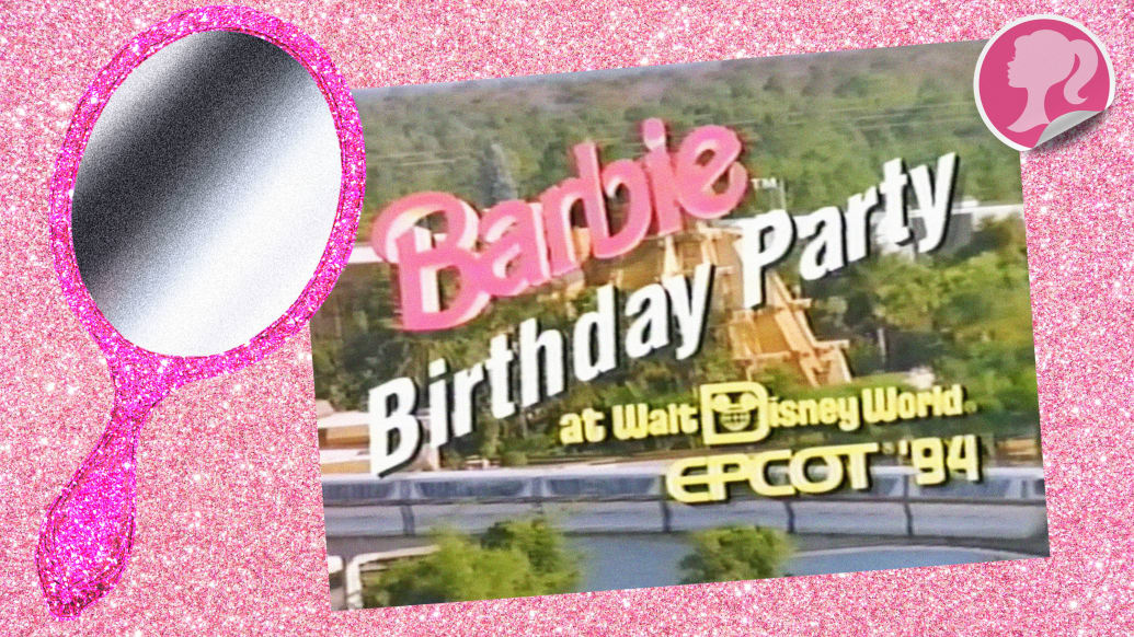 An illustration including photos of a still from the VHS Tape Barbie's Birthday Party in Disney World and a Toy Barbie Mirror.