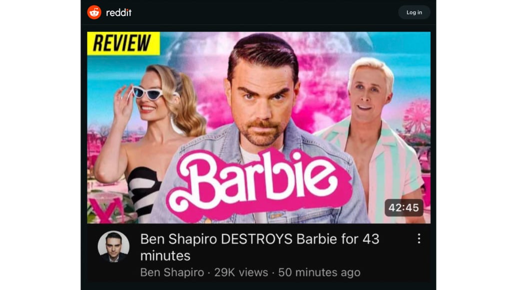 A screenshot including Ben Shapiro, Ryan Gosling, and Margot Robbie from the Film Barbie