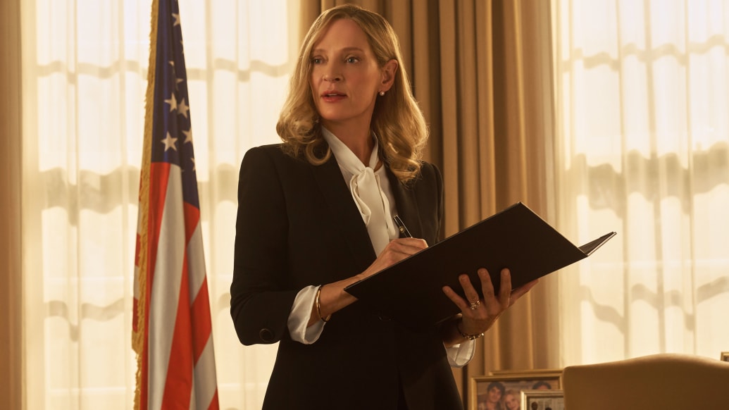 A photo including Uma Thurman as President Ellen Claremont in Red, White & Royal Blue