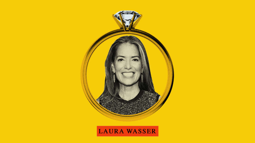 Photo illustration of lawyer Laura Wasser collaged into an engagement ring