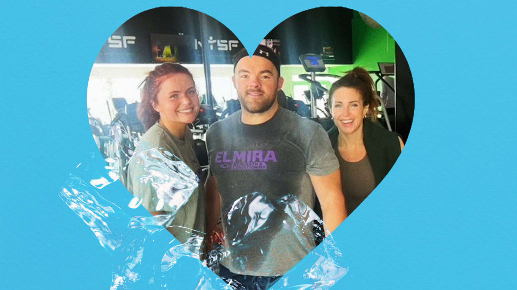 A photo illustration of a Heather Maio, her husband and daughter after a workout.