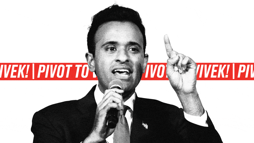 Photo illustration of Vivek Ramaswamy in front of a moving scroll reading “Pivot to Vivek!”