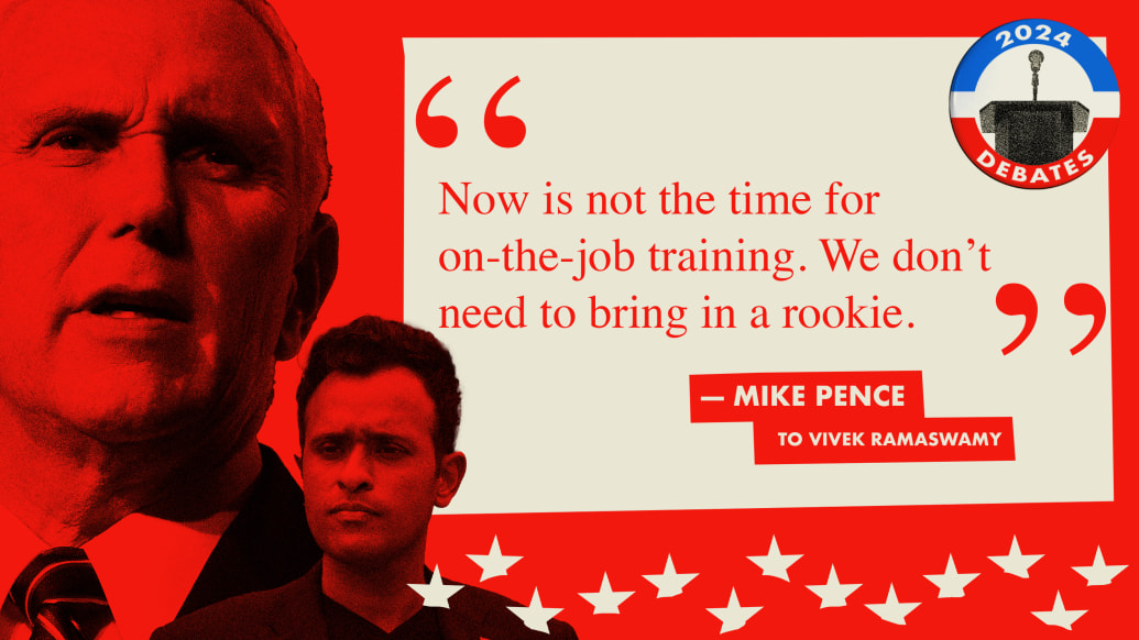 Photo illustration of Mike Pence and Vivek Ramaswamy with a quote from Mike Pence directed to Ramaswamy reading “Now is not the time for on-the-job training. We don’t need to bring in a rookie.”