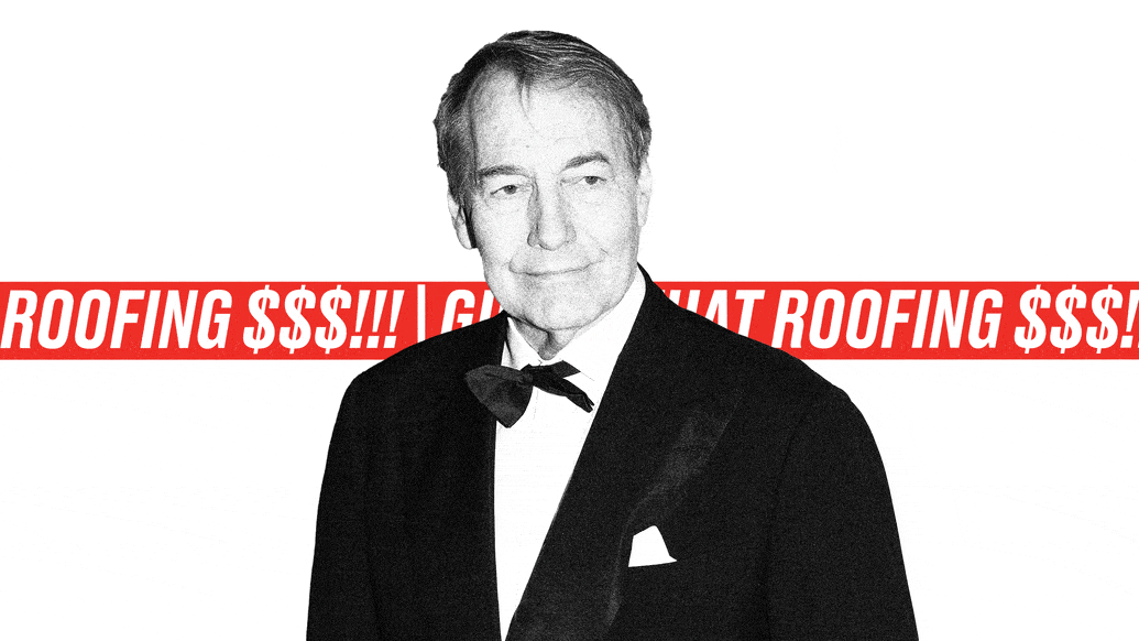 Charlie Rose illustrated gif with caption "Gimme That Roofing $$$"