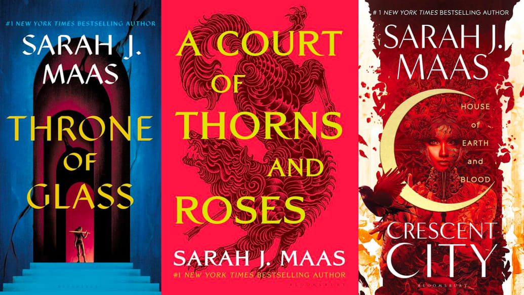 A composite of Throne of Glass, A Court of Thorns and Roses, and Crescent City book covers.