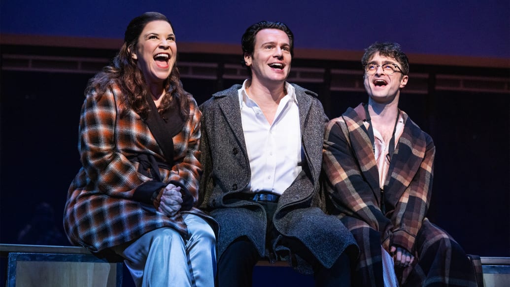 Lindsay Mendez, Jonathan Groff, and Daniel Radcliffe in "Merrily We Roll Along" on Broadway.